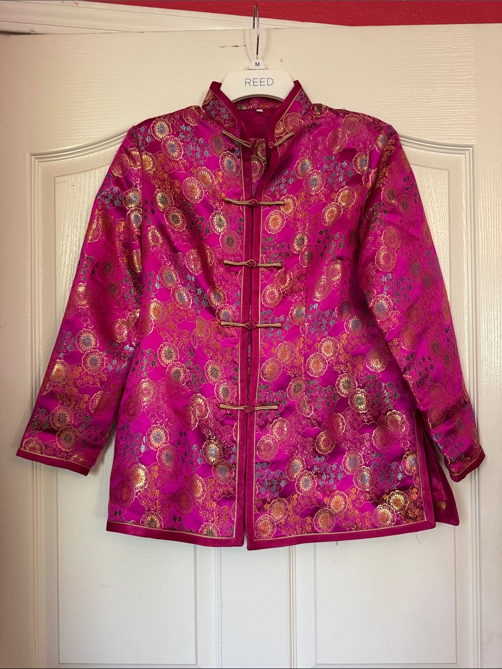 Vintage Women's Pink Floral Brocade Mandarin Collar Jacket